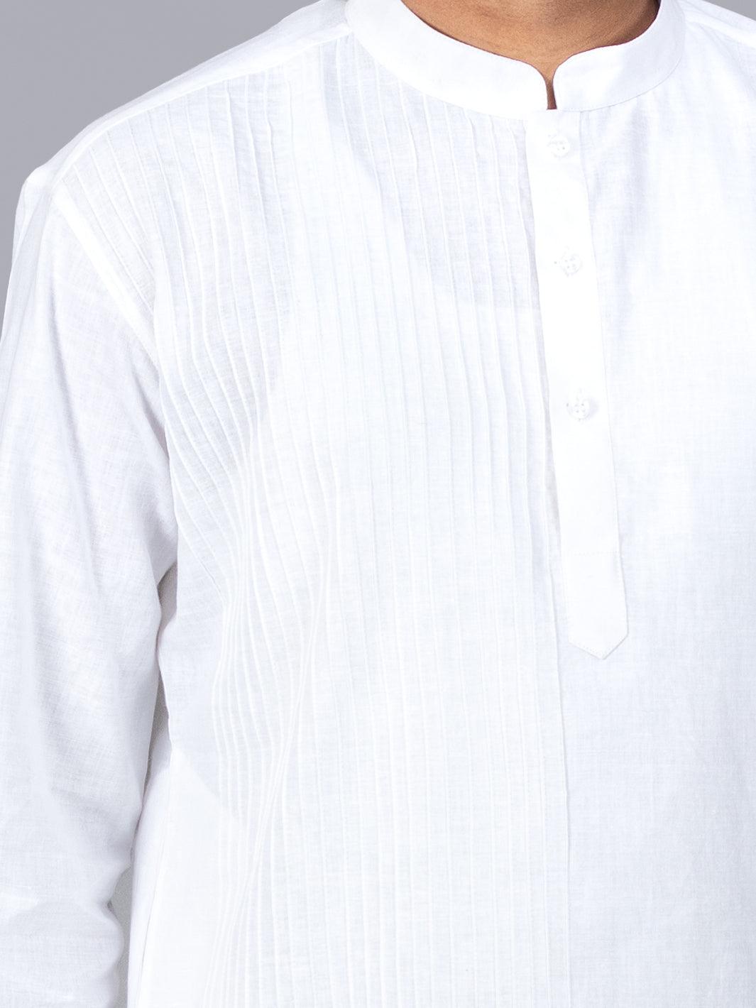 White Handwoven Organic Cotton Pintucks Men kurta - WeaversIndia