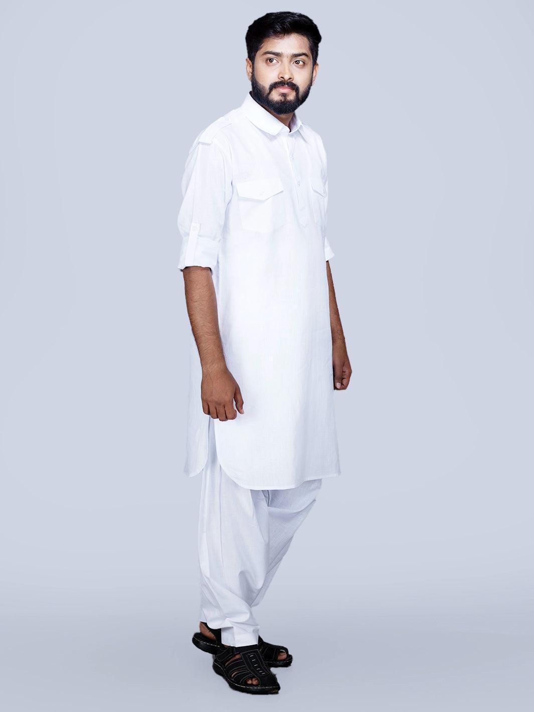 White Organic Cotton Men Pathani Kurta Pajama Set - WeaversIndia