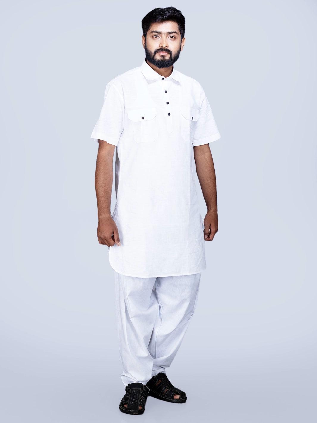 White Organic Cotton Men Pathani Kurta - WeaversIndia