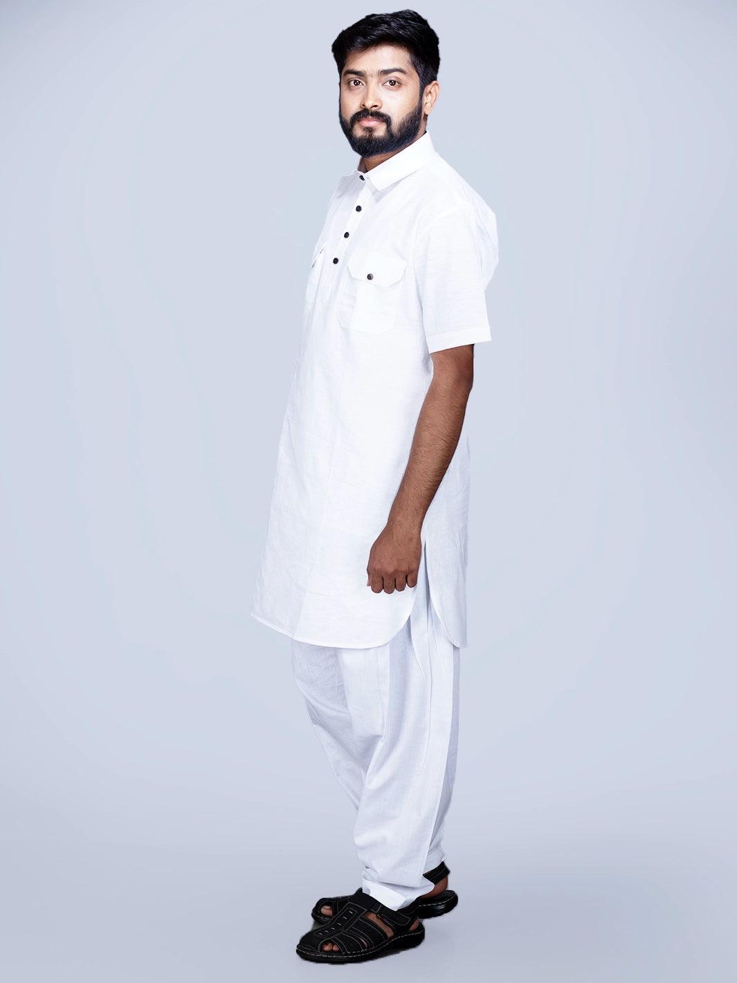 White Organic Cotton Men Pathani Kurta - WeaversIndia