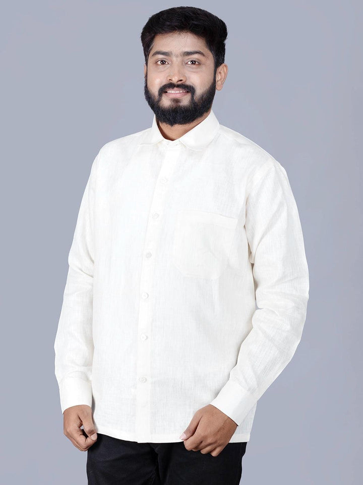 White Solid Handwoven Linen Men Full Sleeves Shirt - WeaversIndia