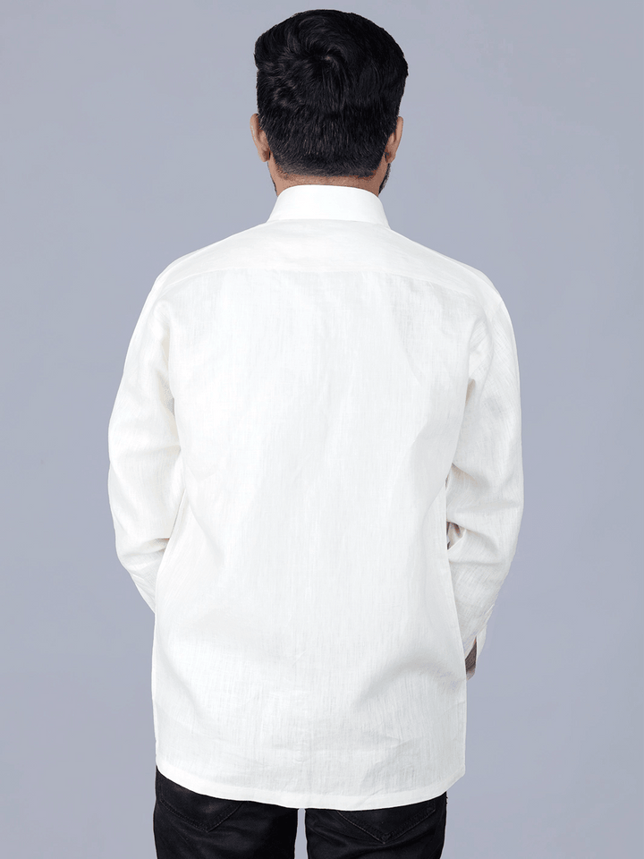 White Solid Handwoven Linen Men Full Sleeves Shirt - WeaversIndia