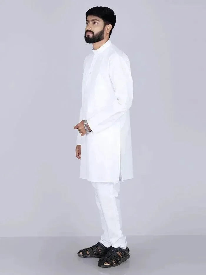 White Solid Handwoven Organic Cotton Men Kurta - WeaversIndia