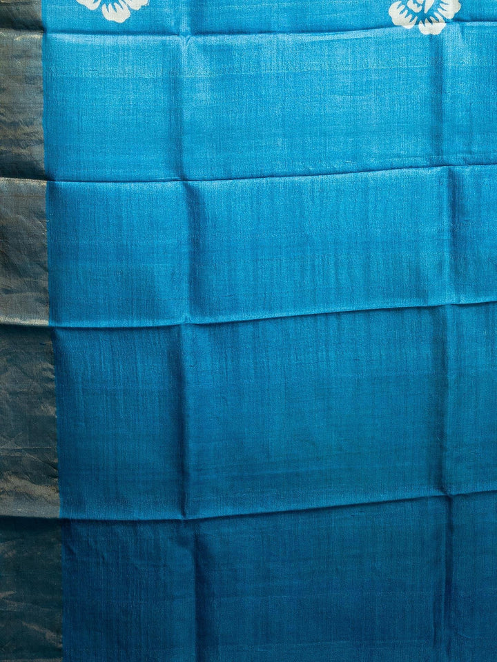 Woderful Blue Par Anchal Buti Block Printed Tussar Silk Saree - WeaversIndia