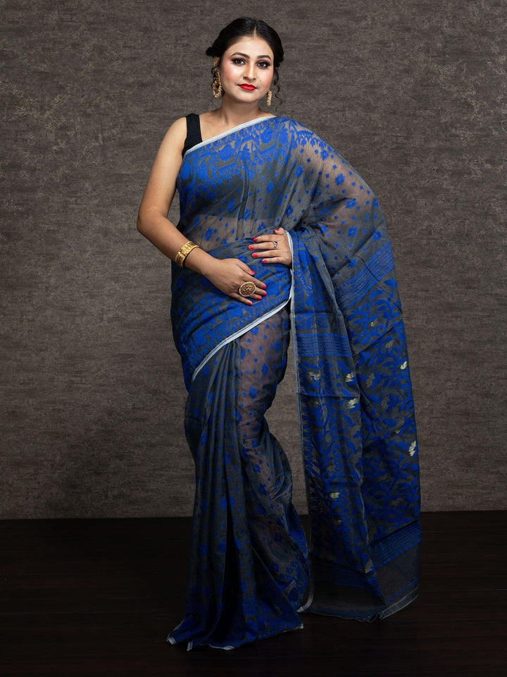 Wonderful Allover Ash Blue Soft Dhakai Jamdani Saree - WeaversIndia