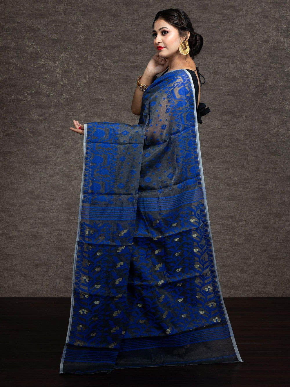 Wonderful Allover Ash Blue Soft Dhakai Jamdani Saree - WeaversIndia