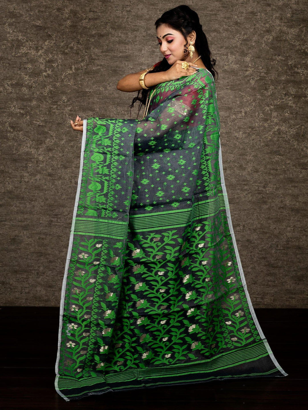 Wonderful Allover Black Soft Dhakai Jamdani Saree - WeaversIndia