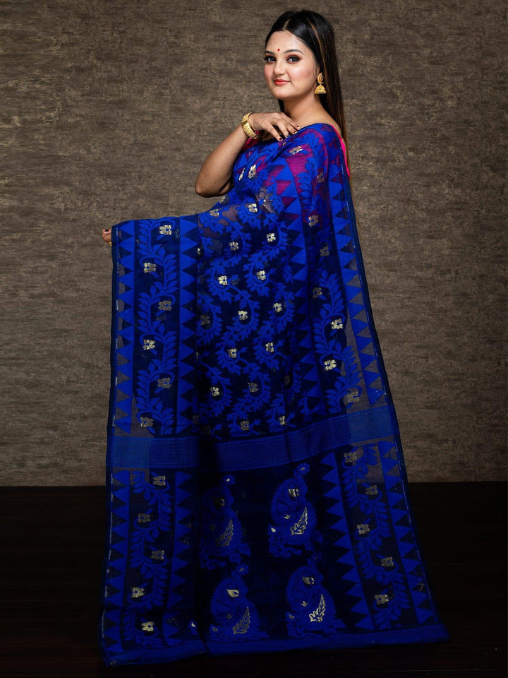 Wonderful Allover Blue Soft Dhakai Jamdani Saree - WeaversIndia