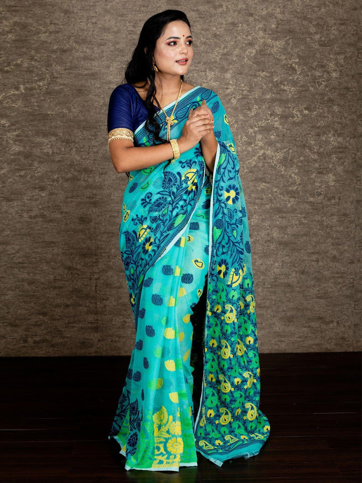 Wonderful Allover Cyan Soft Dhakai Jamdani Saree - WeaversIndia