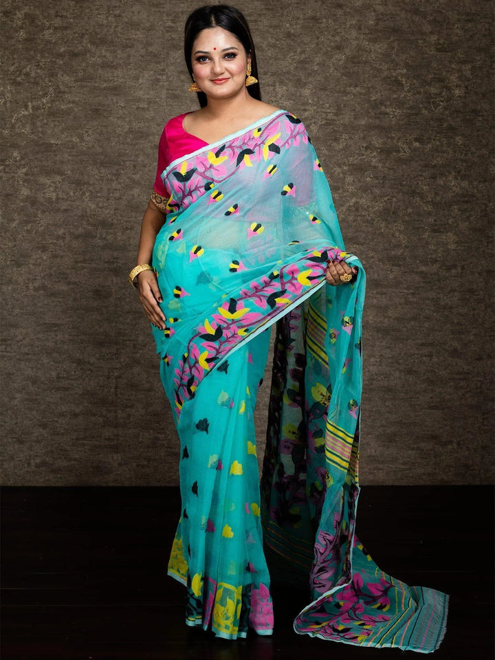 Wonderful Allover Cyan Soft Dhakai Jamdani Saree - WeaversIndia