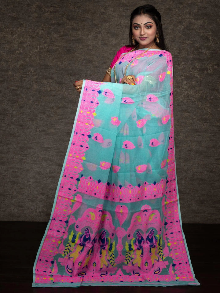 Wonderful Allover Cyan Soft Dhakai Jamdani Saree - WeaversIndia