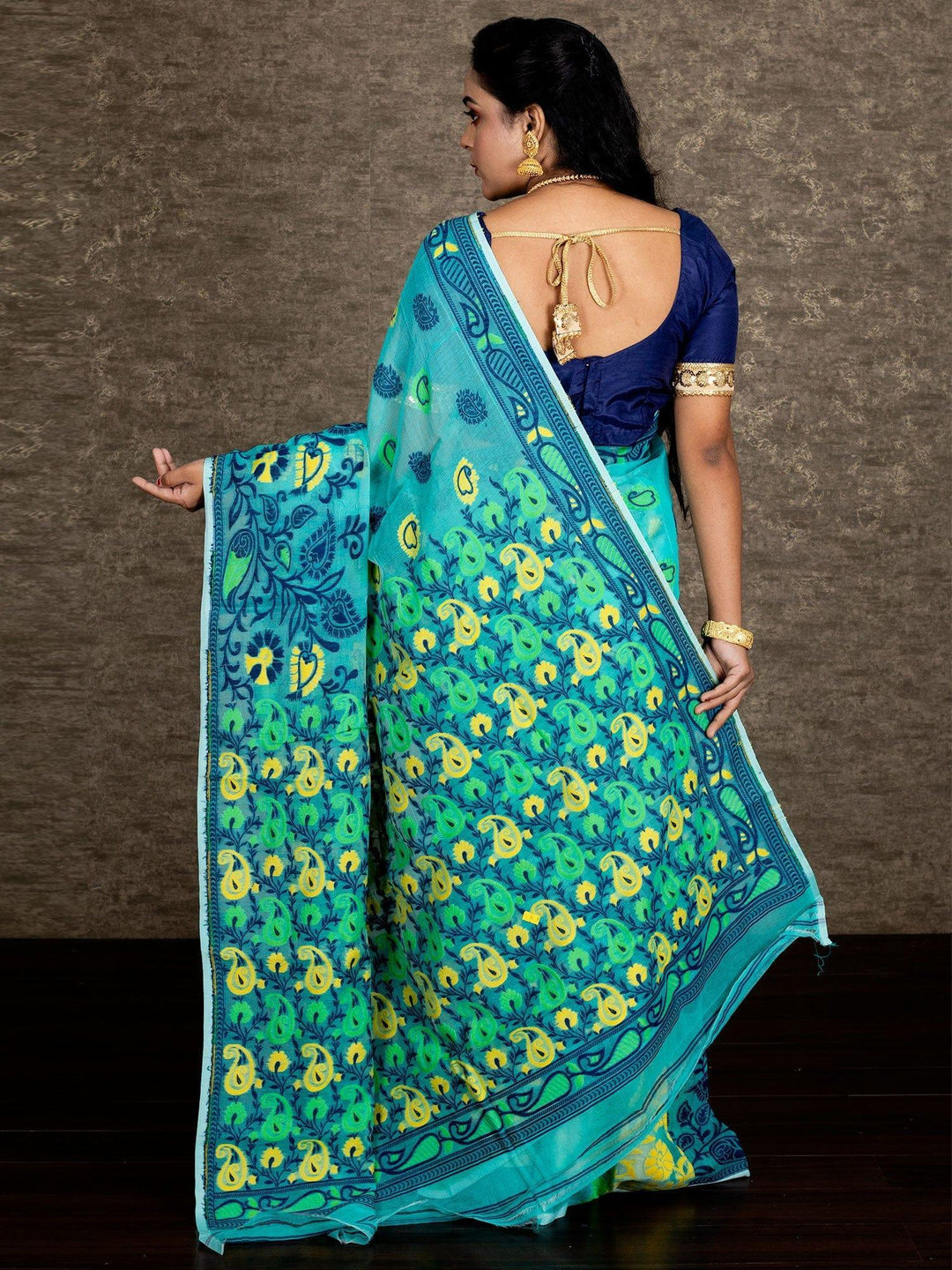 Wonderful Allover Cyan Soft Dhakai Jamdani Saree - WeaversIndia