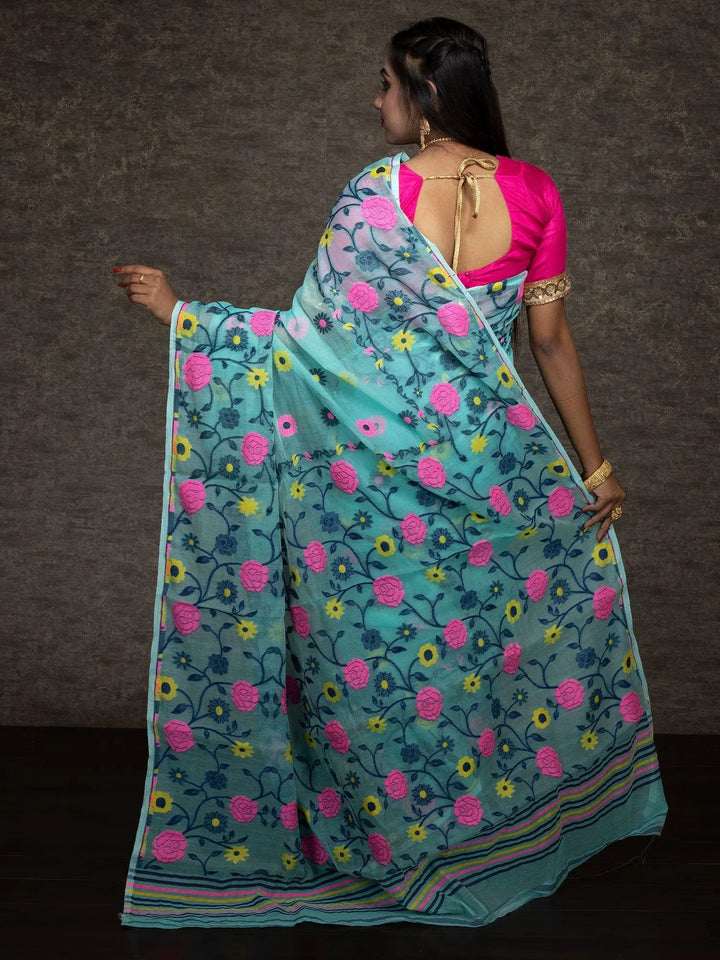 Wonderful Allover Cyan Soft Dhakai Jamdani Saree - WeaversIndia