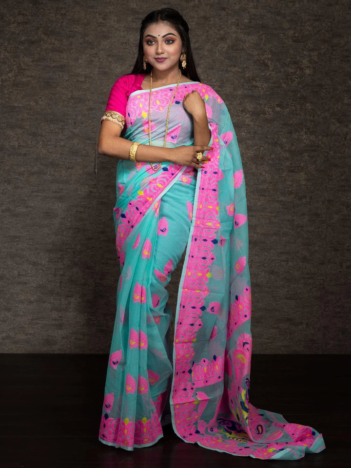 Wonderful Allover Cyan Soft Dhakai Jamdani Saree - WeaversIndia