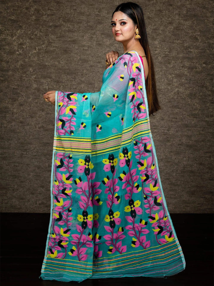 Wonderful Allover Cyan Soft Dhakai Jamdani Saree - WeaversIndia