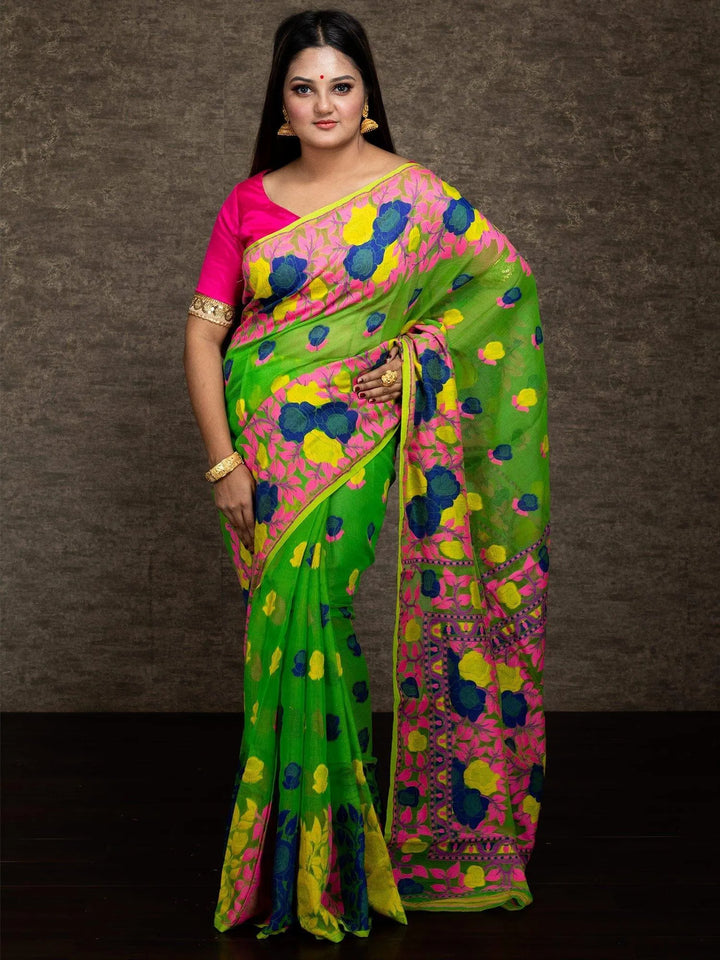 Wonderful Allover Green Soft Dhakai Jamdani Saree - WeaversIndia