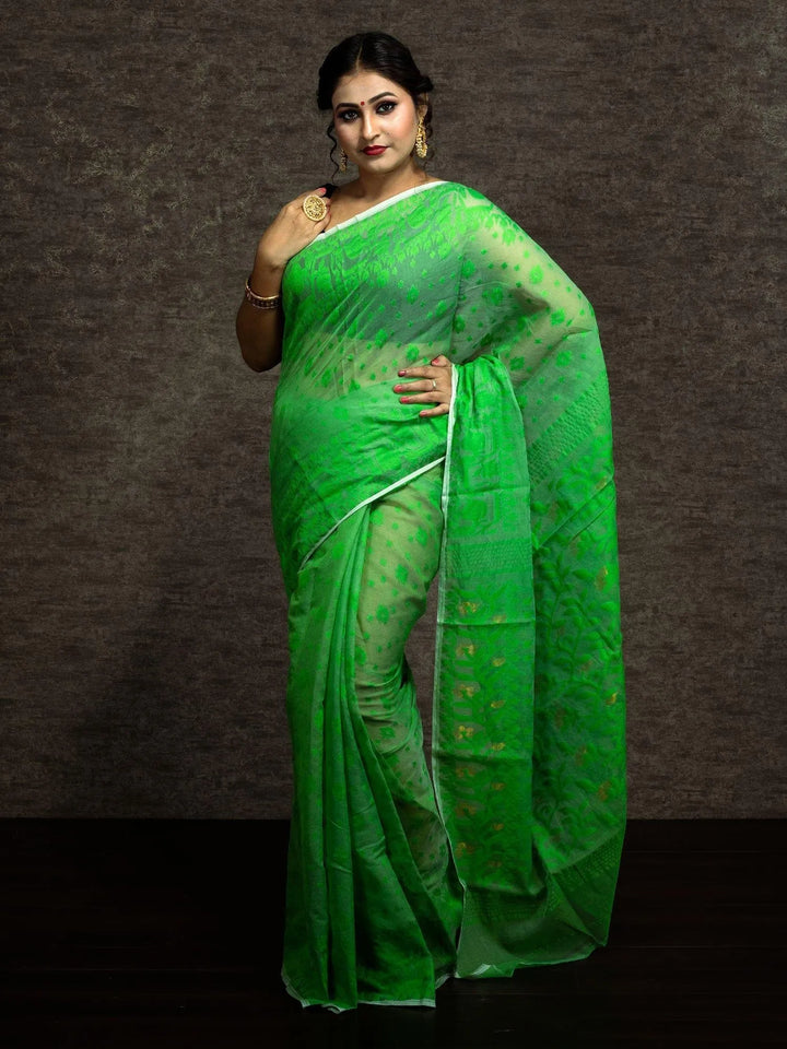 Wonderful Allover Green Soft Dhakai Jamdani Saree - WeaversIndia