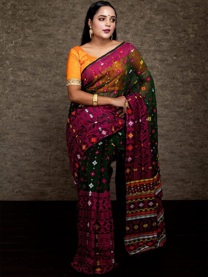 Wonderful Allover Green Soft Dhakai Jamdani Saree - WeaversIndia