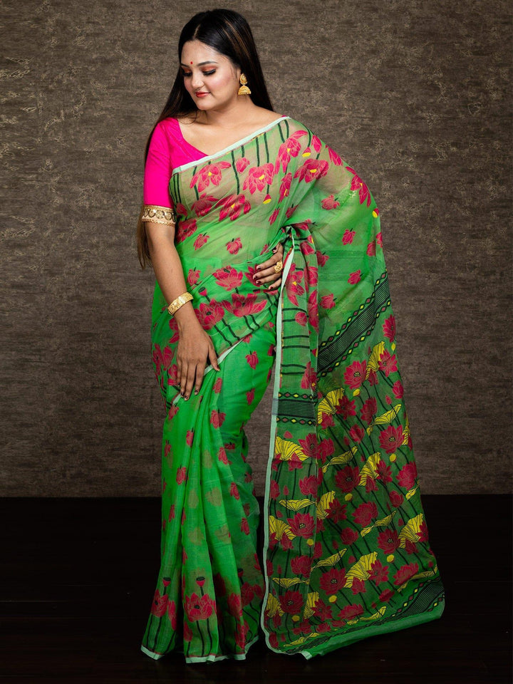 Wonderful Allover Green Soft Dhakai Jamdani Saree - WeaversIndia