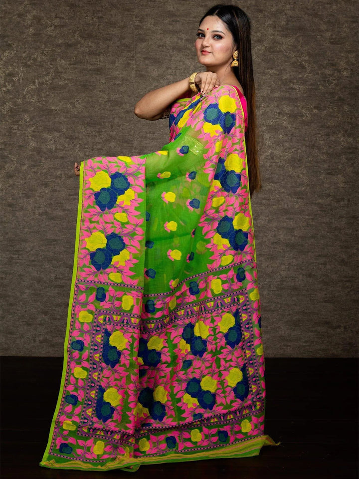 Wonderful Allover Green Soft Dhakai Jamdani Saree - WeaversIndia