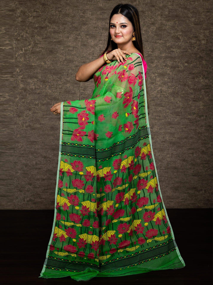 Wonderful Allover Green Soft Dhakai Jamdani Saree - WeaversIndia