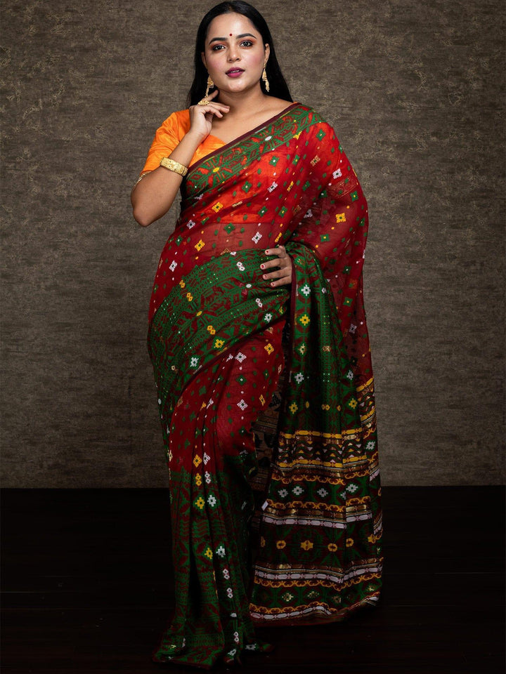 Wonderful Allover Maroon Soft Dhakai Jamdani Saree - WeaversIndia