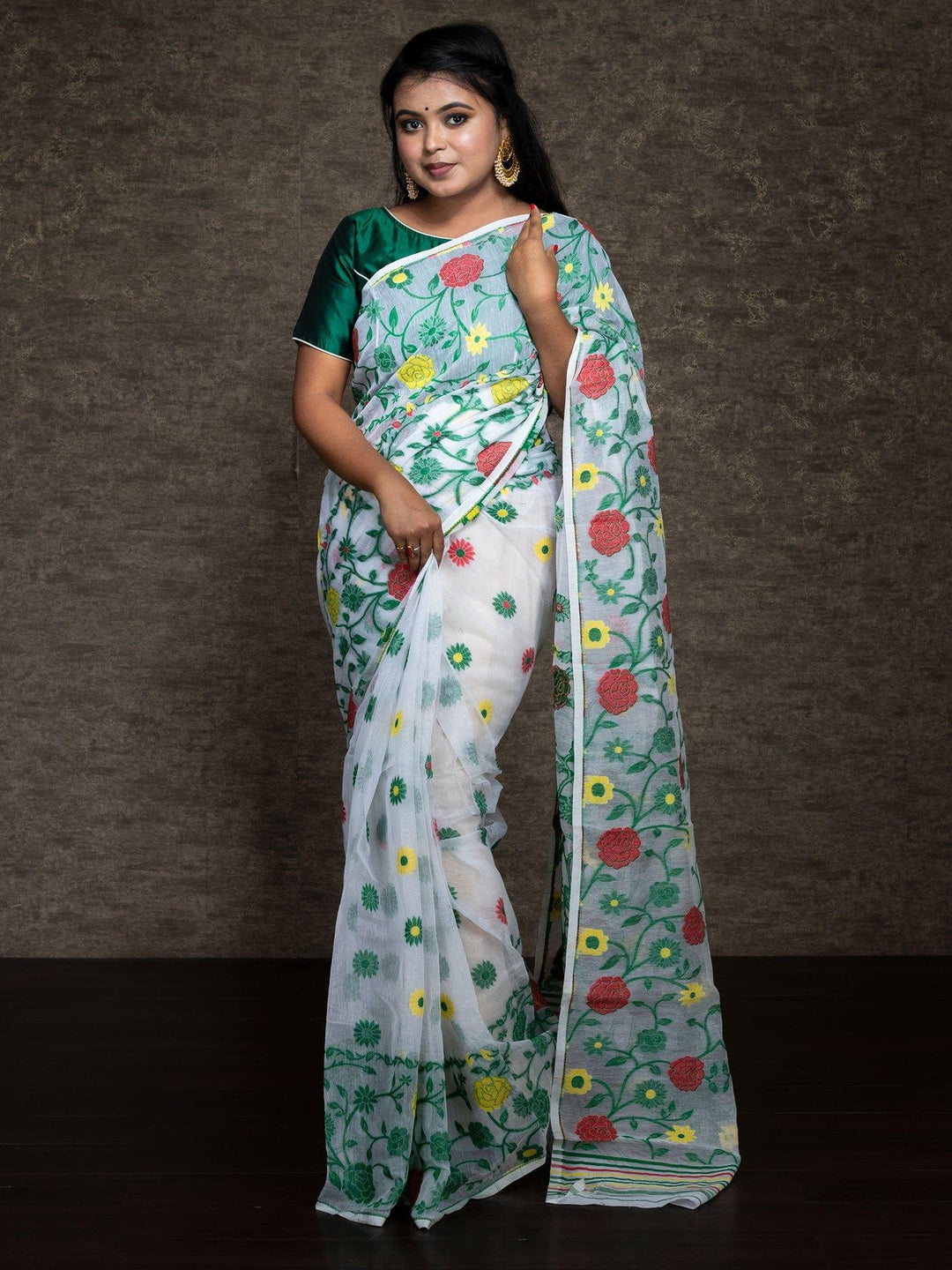 Wonderful Allover Off White Soft Dhakai Jamdani Saree - WeaversIndia