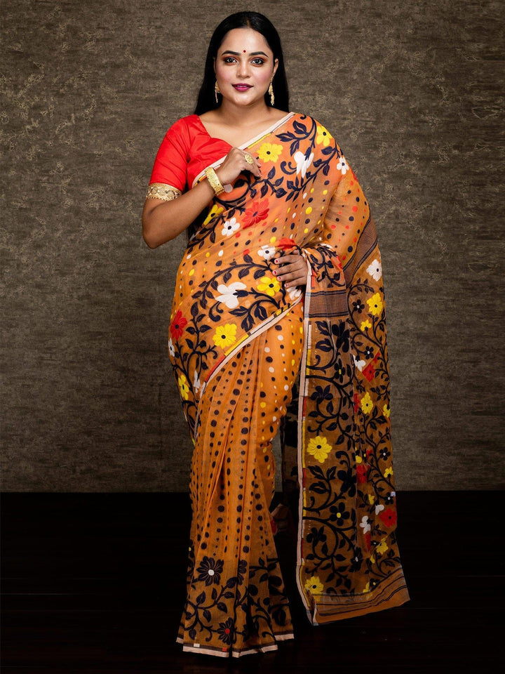 Wonderful Allover Orange Soft Dhakai Jamdani Saree - WeaversIndia