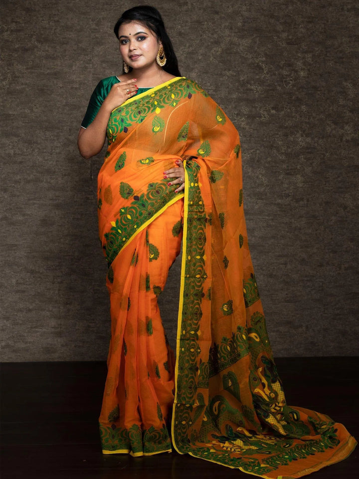 Wonderful Allover Orange Soft Dhakai Jamdani Saree - WeaversIndia