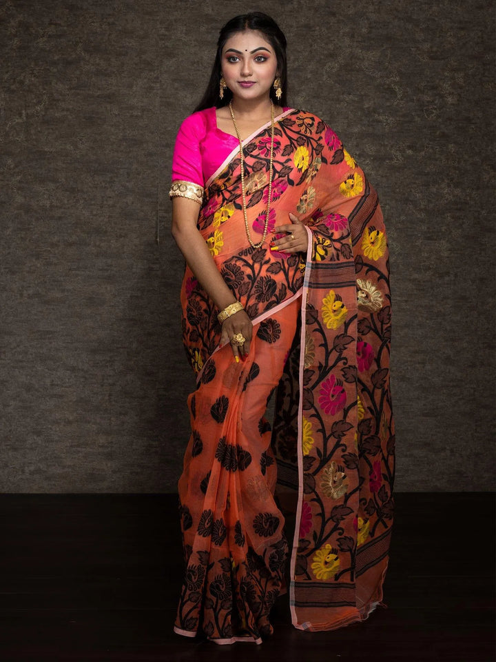 Wonderful Allover Orange Soft Dhakai Jamdani Saree - WeaversIndia