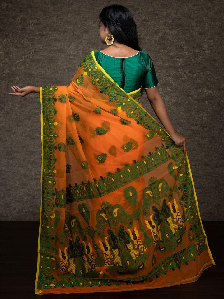 Wonderful Allover Orange Soft Dhakai Jamdani Saree - WeaversIndia