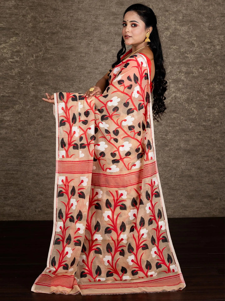 Wonderful Allover Peach Soft Dhakai Jamdan Saree - WeaversIndia