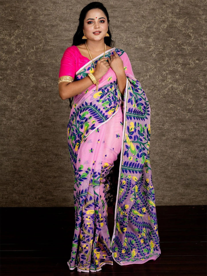 Wonderful Allover Pink Soft Dhakai Jamdani Saree - WeaversIndia