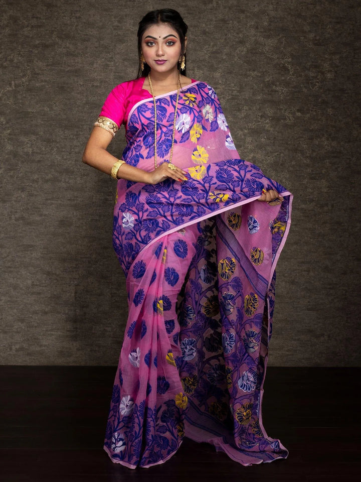 Wonderful Allover Pink Soft Dhakai Jamdani Saree - WeaversIndia