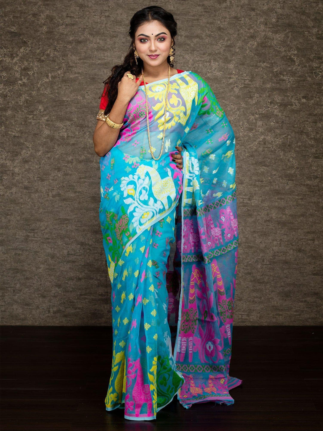 Wonderful Allover Sky Blue Soft Dhakai Jamdani Saree - WeaversIndia