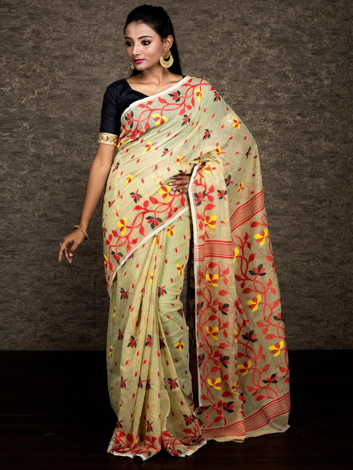 Wonderful Allover Vanilla Soft Dhakai Jamdani Saree - WeaversIndia