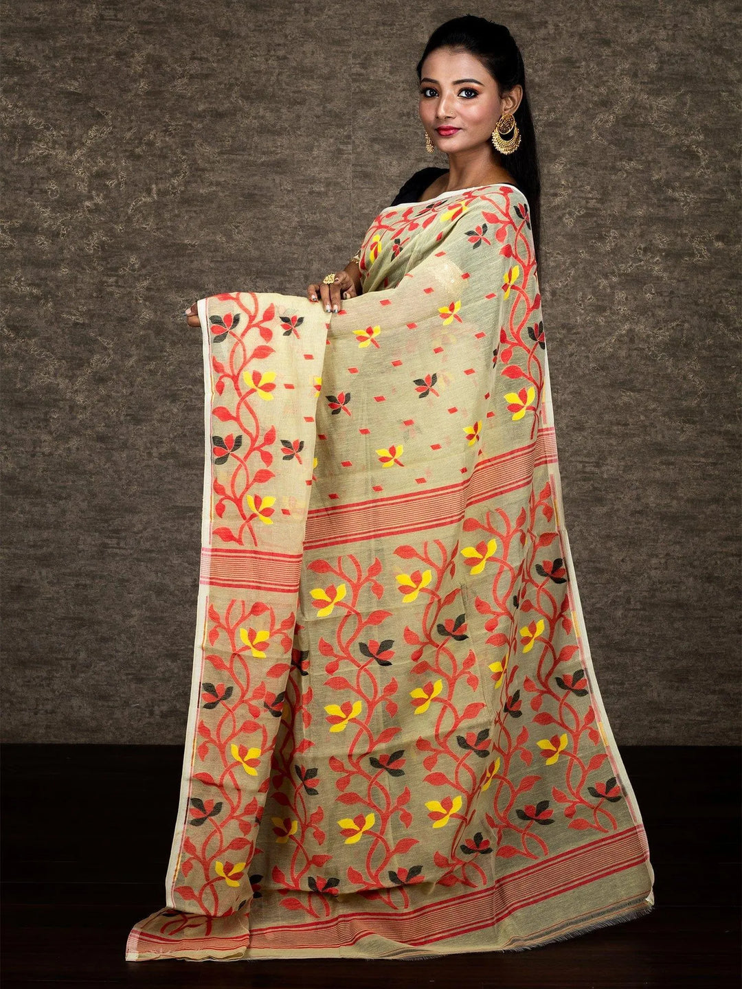 Wonderful Allover Vanilla Soft Dhakai Jamdani Saree - WeaversIndia