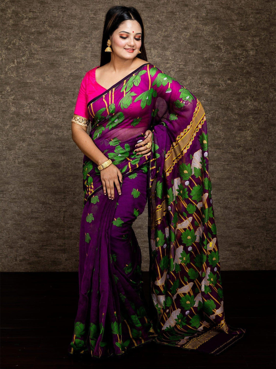 Wonderful Allover Violet Soft Dhakai Jamdani Saree - WeaversIndia