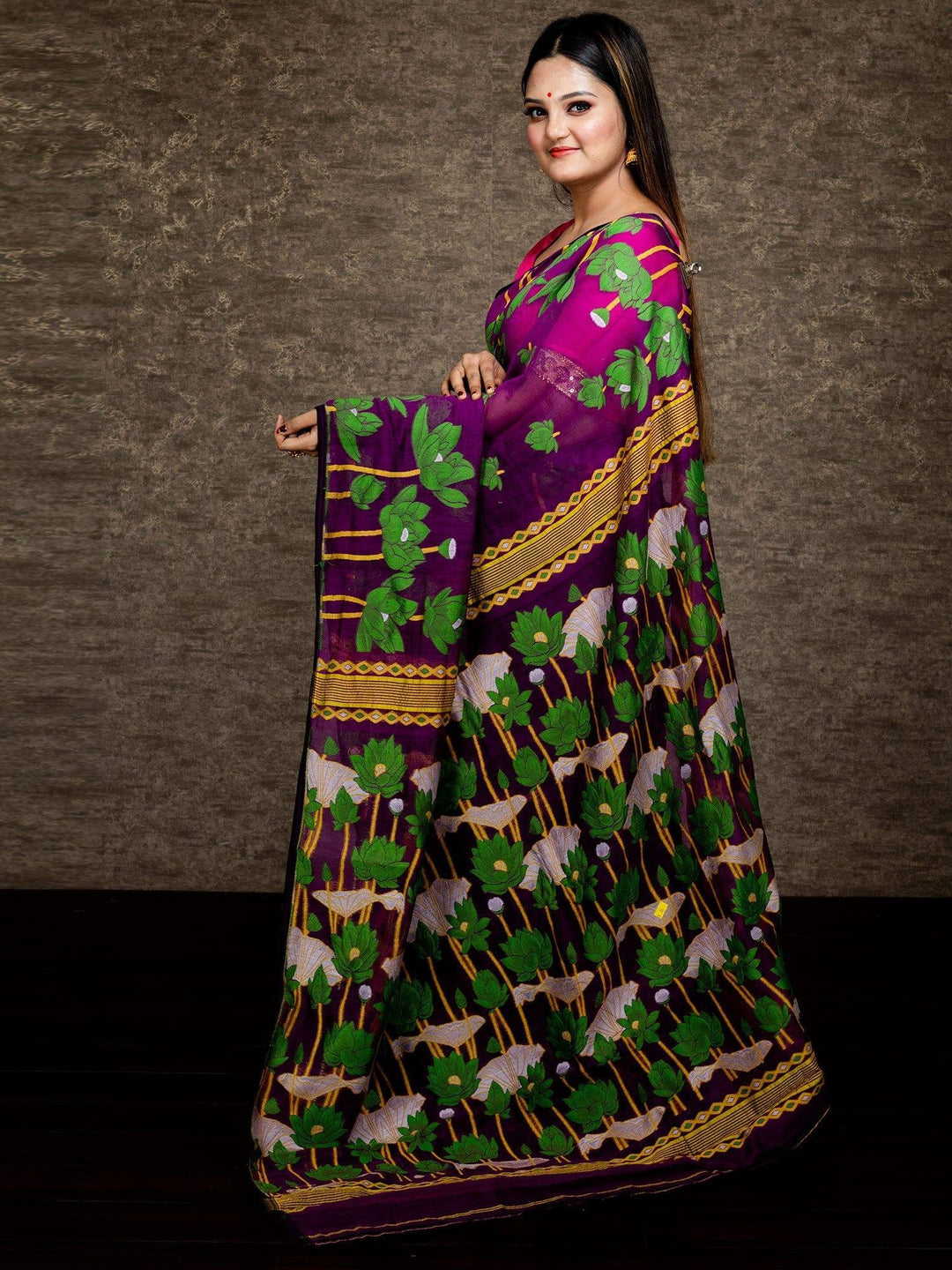 Wonderful Allover Violet Soft Dhakai Jamdani Saree - WeaversIndia