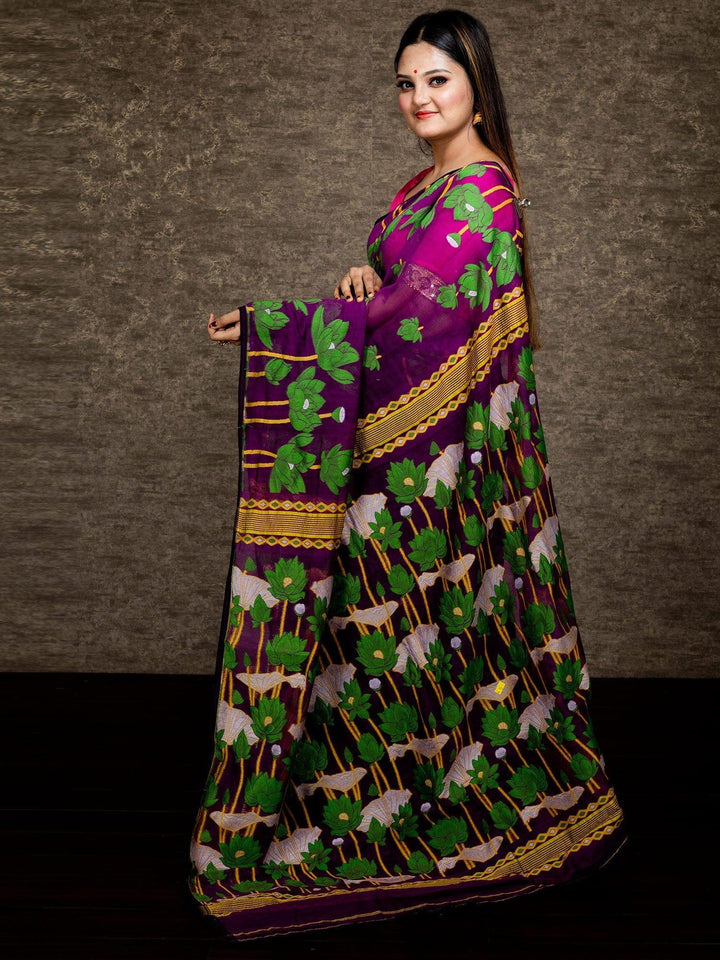 Wonderful Allover Violet Soft Dhakai Jamdani Saree - WeaversIndia