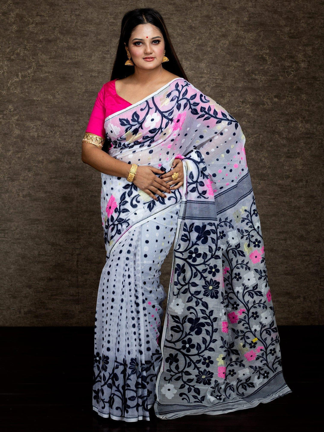 Wonderful Allover White Soft Dhakai Jamdani Saree - WeaversIndia