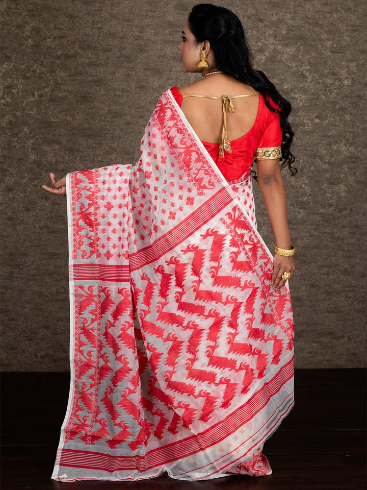 Wonderful Allover White Soft Dhakai Jamdani Saree - WeaversIndia