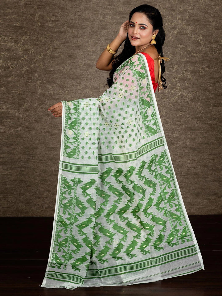 Wonderful Allover White Soft Dhakai Jamdani Saree - WeaversIndia