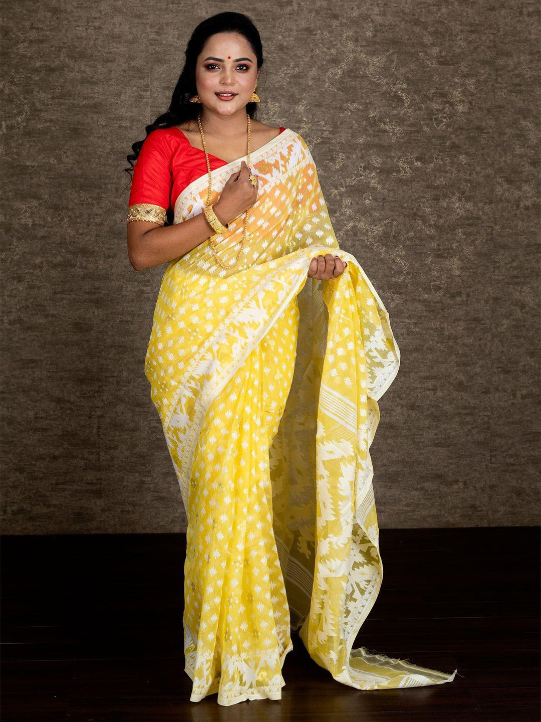 Wonderful Allover Yellow Soft Dhakai Jamdani Saree - WeaversIndia