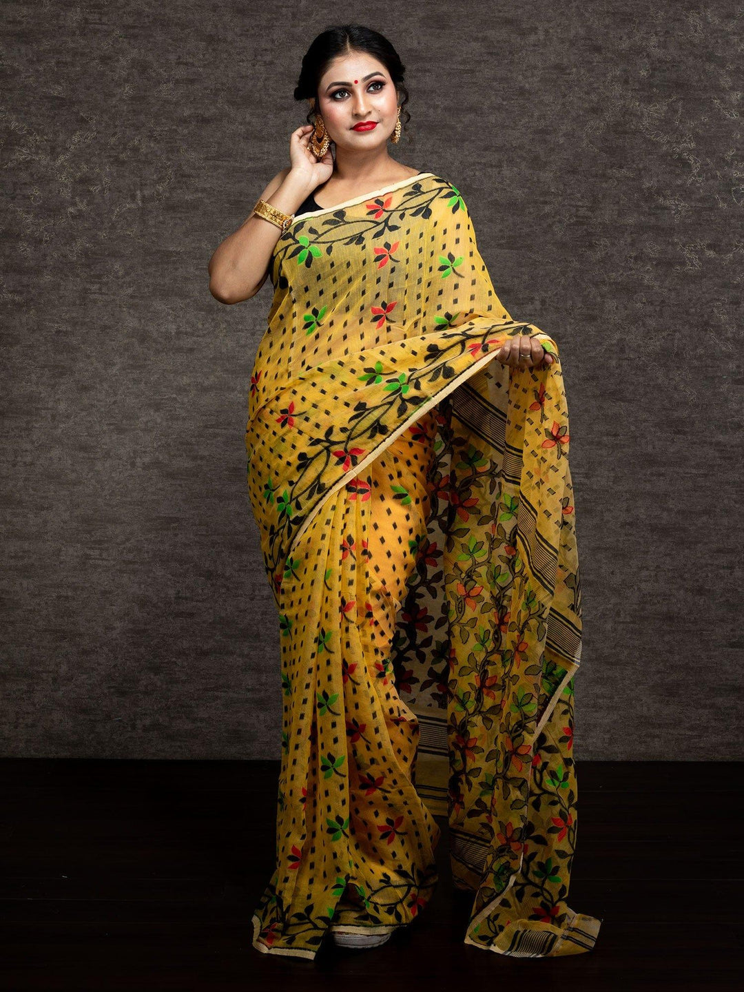 Wonderful Allover Yellow Soft Dhakai Jamdani Saree - WeaversIndia