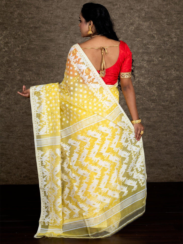 Wonderful Allover Yellow Soft Dhakai Jamdani Saree - WeaversIndia