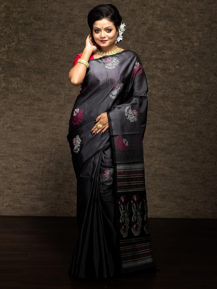 Wonderful Black Gray Kanchipuram Silk Saree - WeaversIndia