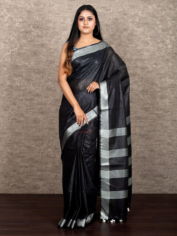 Wonderful Black Par Anchal Cotton Slab Saree - WeaversIndia