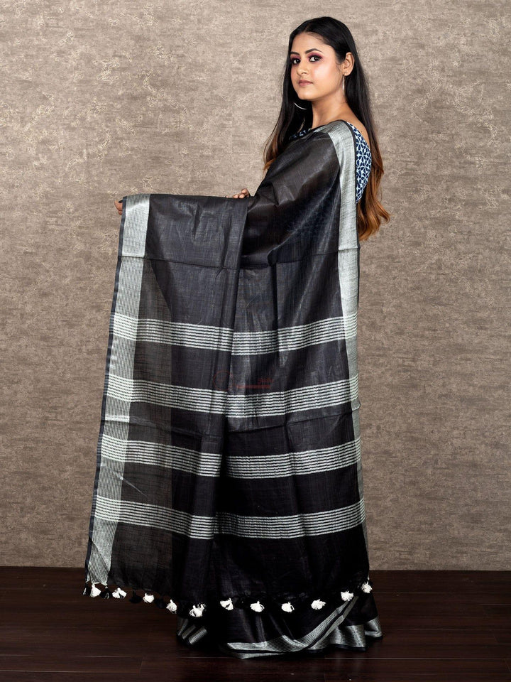 Wonderful Black Par Anchal Cotton Slab Saree - WeaversIndia