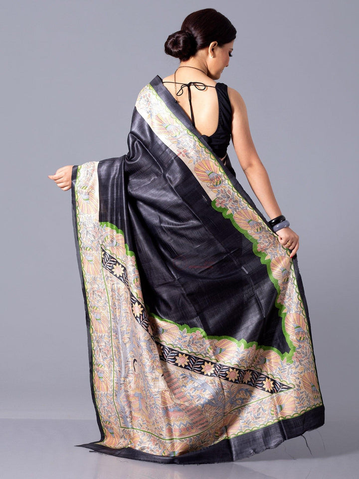 Wonderful Black Par Anchal Madhubani Printed Tussar Silk Saree - WeaversIndia